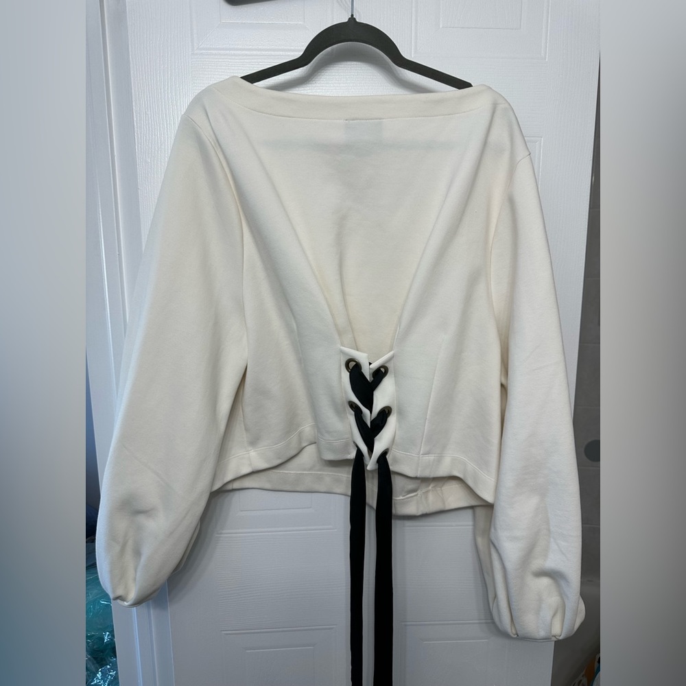 Anthropologie Maeve White Crop Top Sweatshirt with Black Satin Back Tie